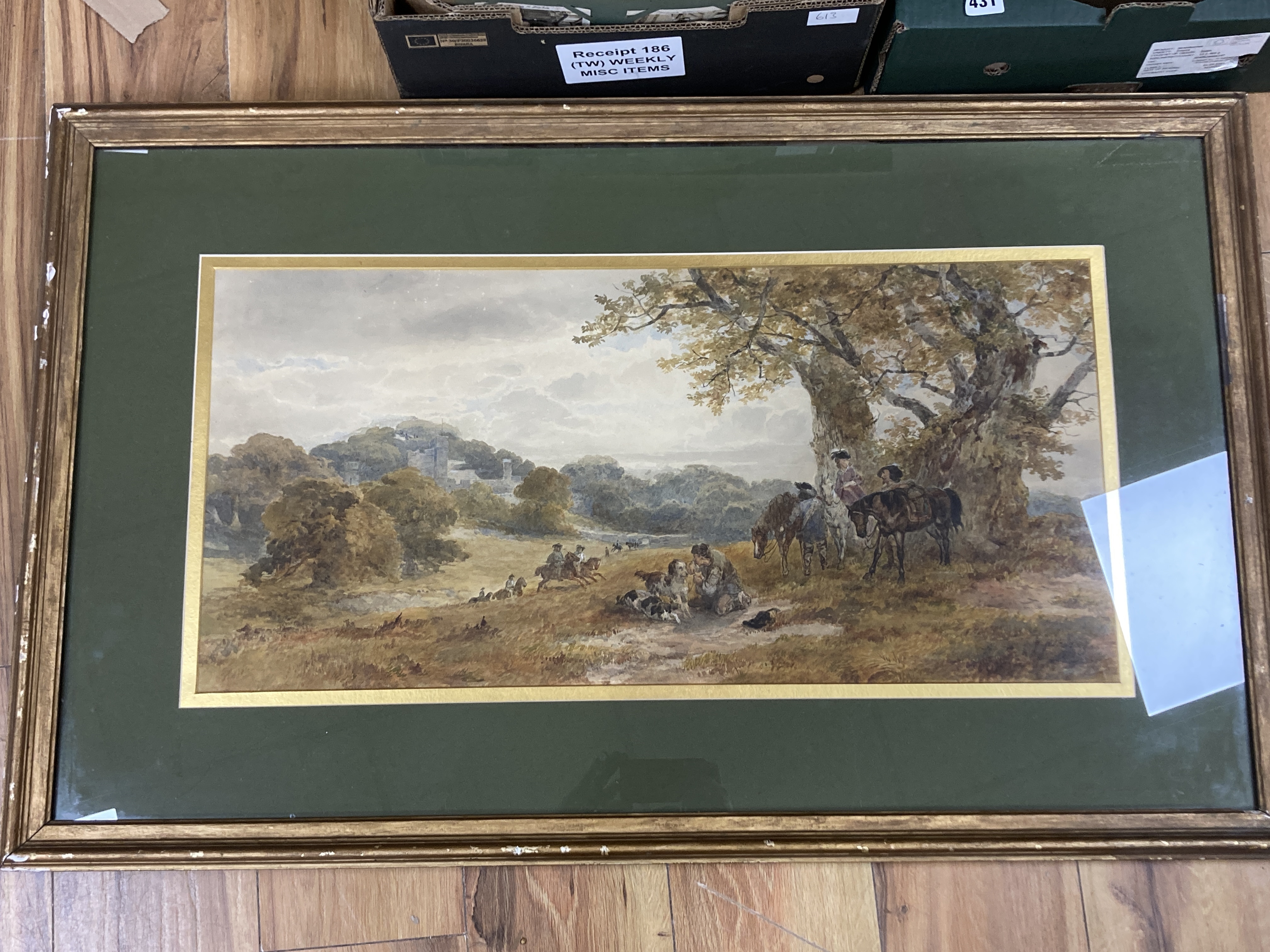 H.J. Holding, watercolour, Hunting Party near Haddon Hall, signed and dated 1872, 34 x 72cm